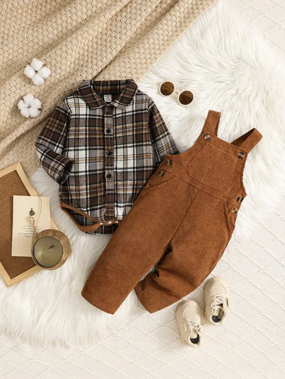 Ensemble Bébé Automne-Hiver en Velours Côtelé – Chemise à Manches Longues & Salopette