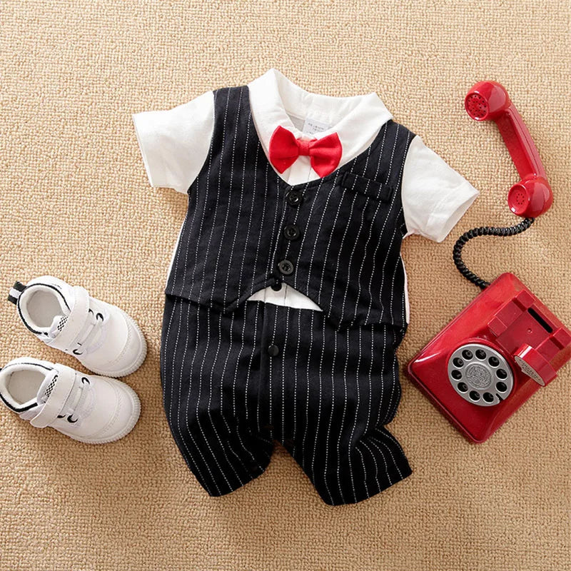 Ensemble Habillé Bébé Garçon – Barboteuse/Ensemble avec Gilet & Noeud Papillon (Bleu/Rouge)