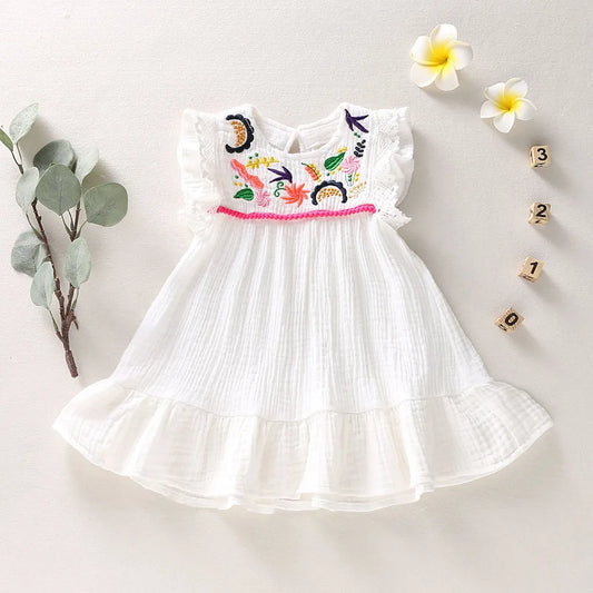 Robe Blanche Brodée Bébé & Fille – Style Bohème | 7–12m à 4–6 ans