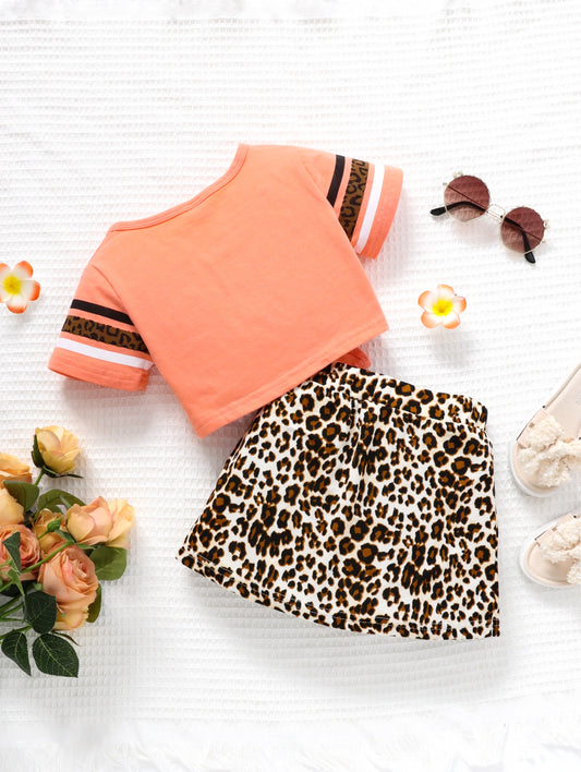 Ensemble Fille 2 Pièces – T-shirt Pêche + Jupe Léopard – Été (1–3 ans)