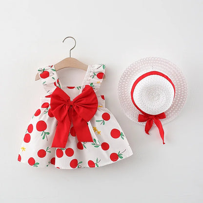 Ensemble Été Bébé Fille 2 Pièces – Robe à Bretelles Imprimé Fruits & Chapeau Assorti