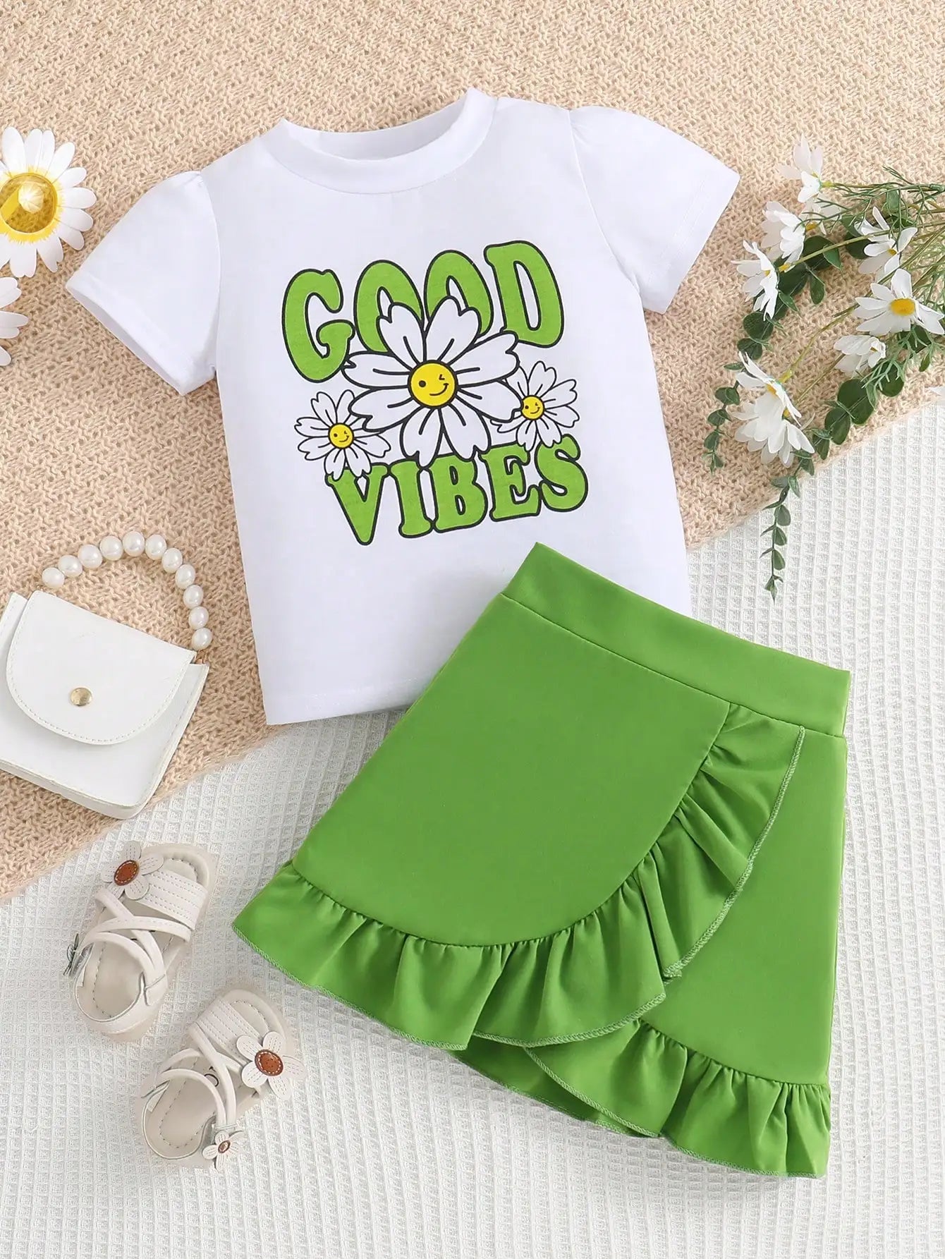 2-piece girls spring/summer fashion cute outdoor casual clothing white knit round neck Daisy print T-shirt + green pleated skirt