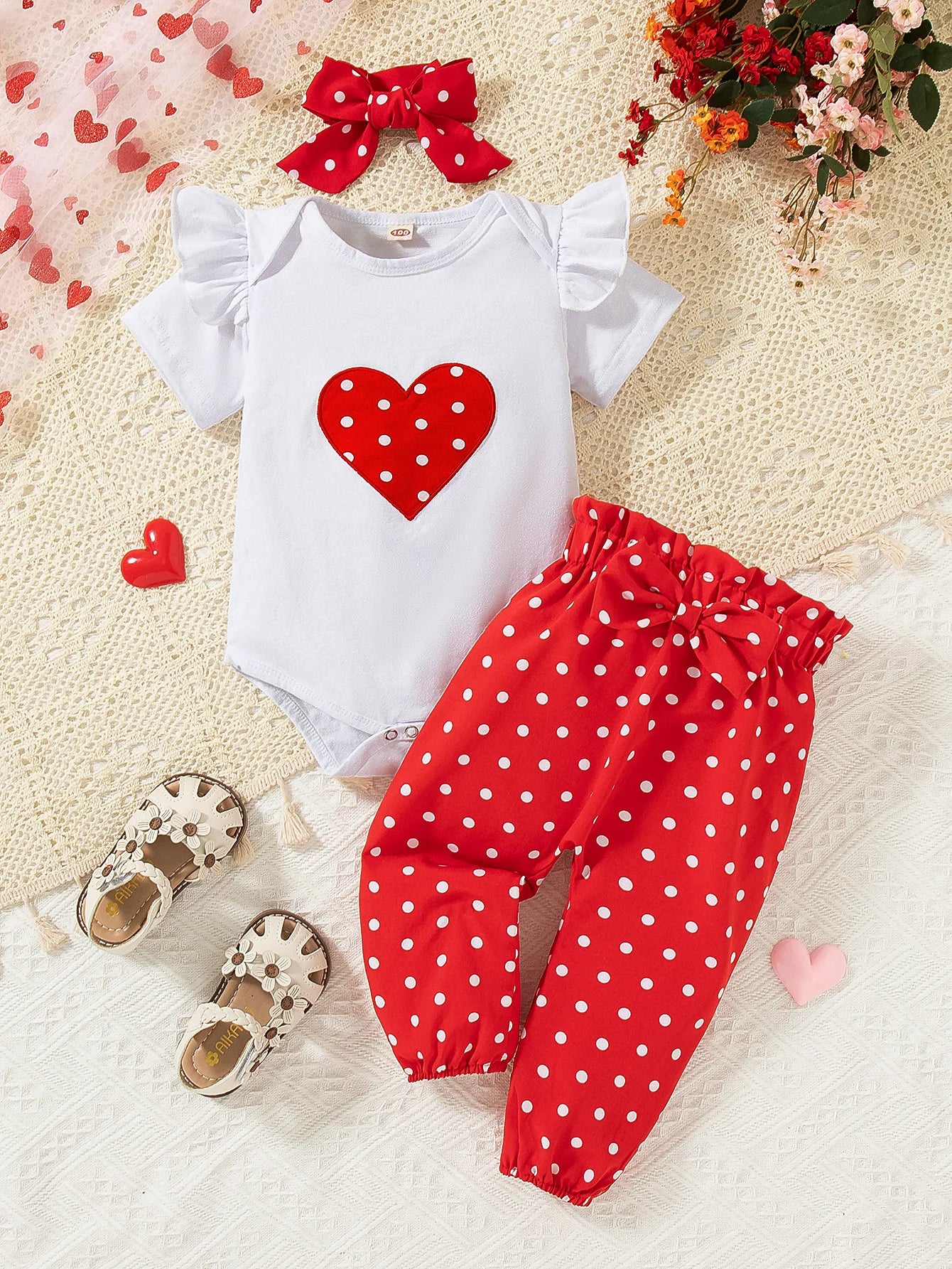 Ensemble Bébé Fille 3 Pièces – Romper Cœur, Pantalon & Bandeau en Coton Doux