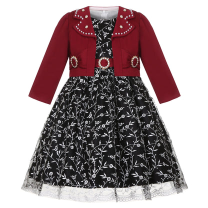 Robe Princesse Fille 2 Pièces (Robe + Veste) – Noir & Rose | Cérémonie, Anniversaire, Piano (5–14 ans)