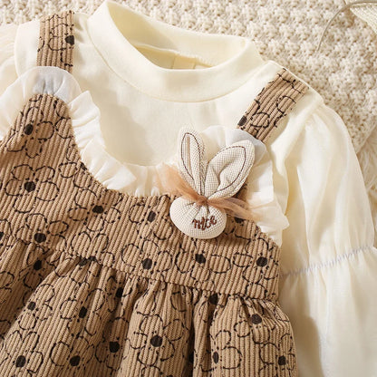 Robe Bébé Fille Élégante à Manches Longues – Dentelle & Broderie Lapin