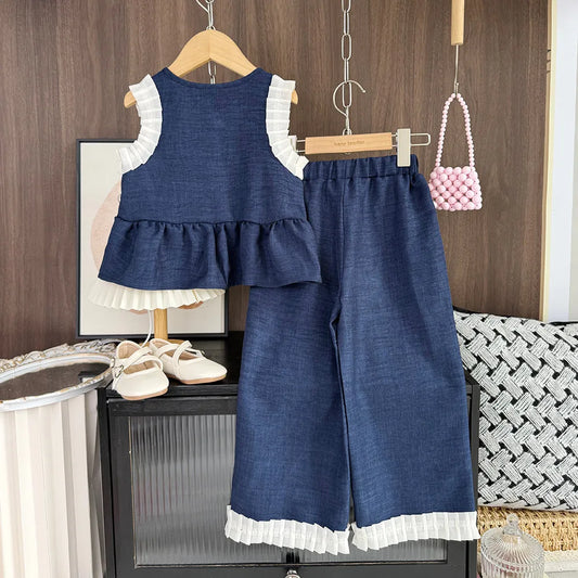 Ensemble Fille 2 Pièces Bleu – Haut Sans Manches & Pantalon Large (4–6 ans)