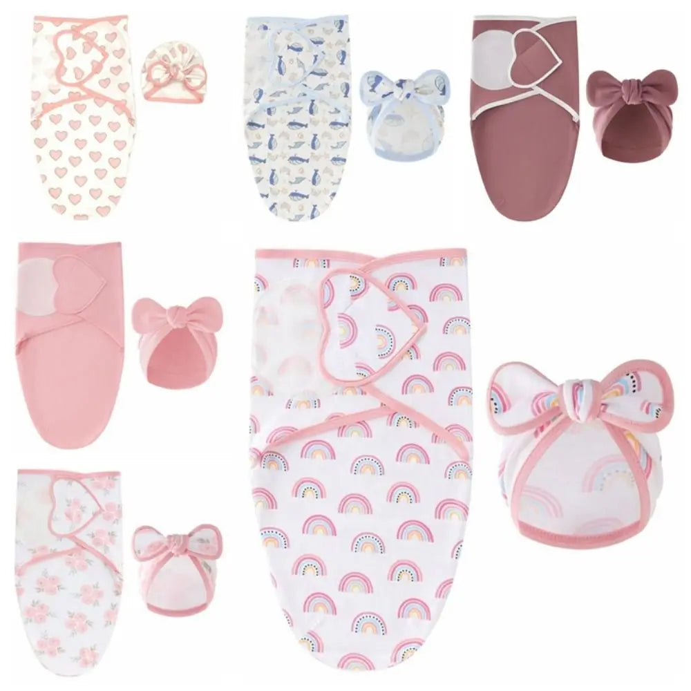 Ensemble naissance bébé 3 pièces – Couverture d’emmaillotage + bonnet à nœud papillon + moufles assorties