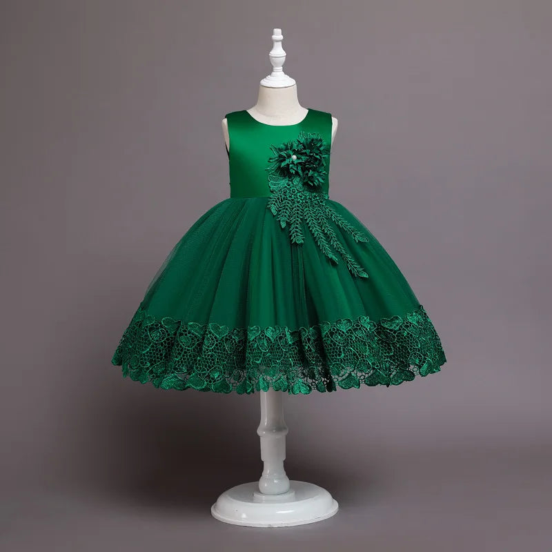Robe de Princesse en Dentelle & Fleurs – Cérémonie Élégante pour Fille