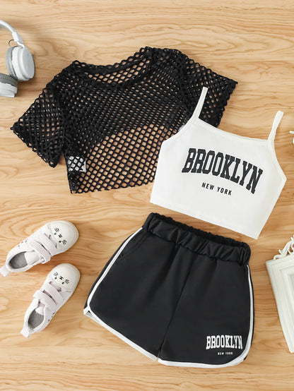 Ensemble 3 pièces d’été fille – Top mesh + Débardeur + Jupe/Short (7–13 ans)