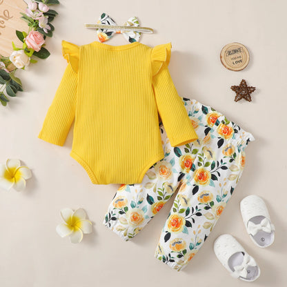Ensemble Bébé Fille 3 Pièces – Body Manches Longues, Pantalon Fleuri & Bandeau – Printemps & Automne (0–12 mois)