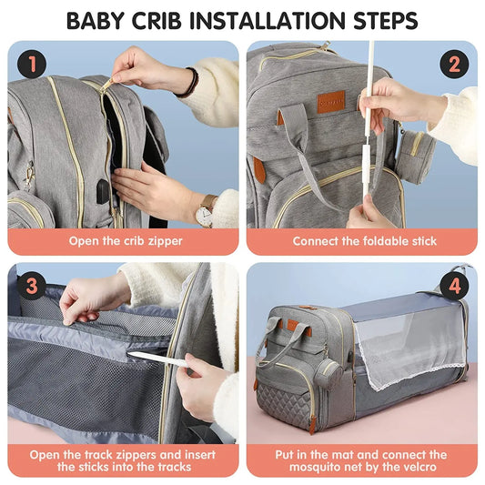 Sac à Langer 3 en 1 avec Lit Bébé Pliable – Sac à Dos Multifonction Grande Capacité