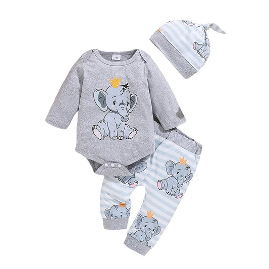 Ensemble bébé automne 2 pièces – Barboteuse imprimée manches longues & bonnet assorti (0 à 24 mois)