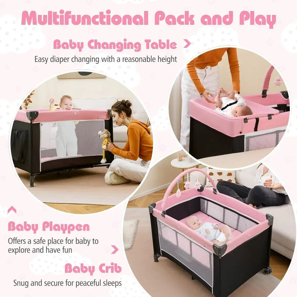 Parc pliant 4 en 1 avec couffin, changeur de couches et jouets pour bébés et tout-petits - Rose