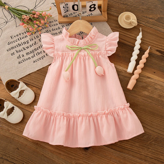 Robe d’été bébé fille rose – Mousseline légère style coréen avec nœud floral