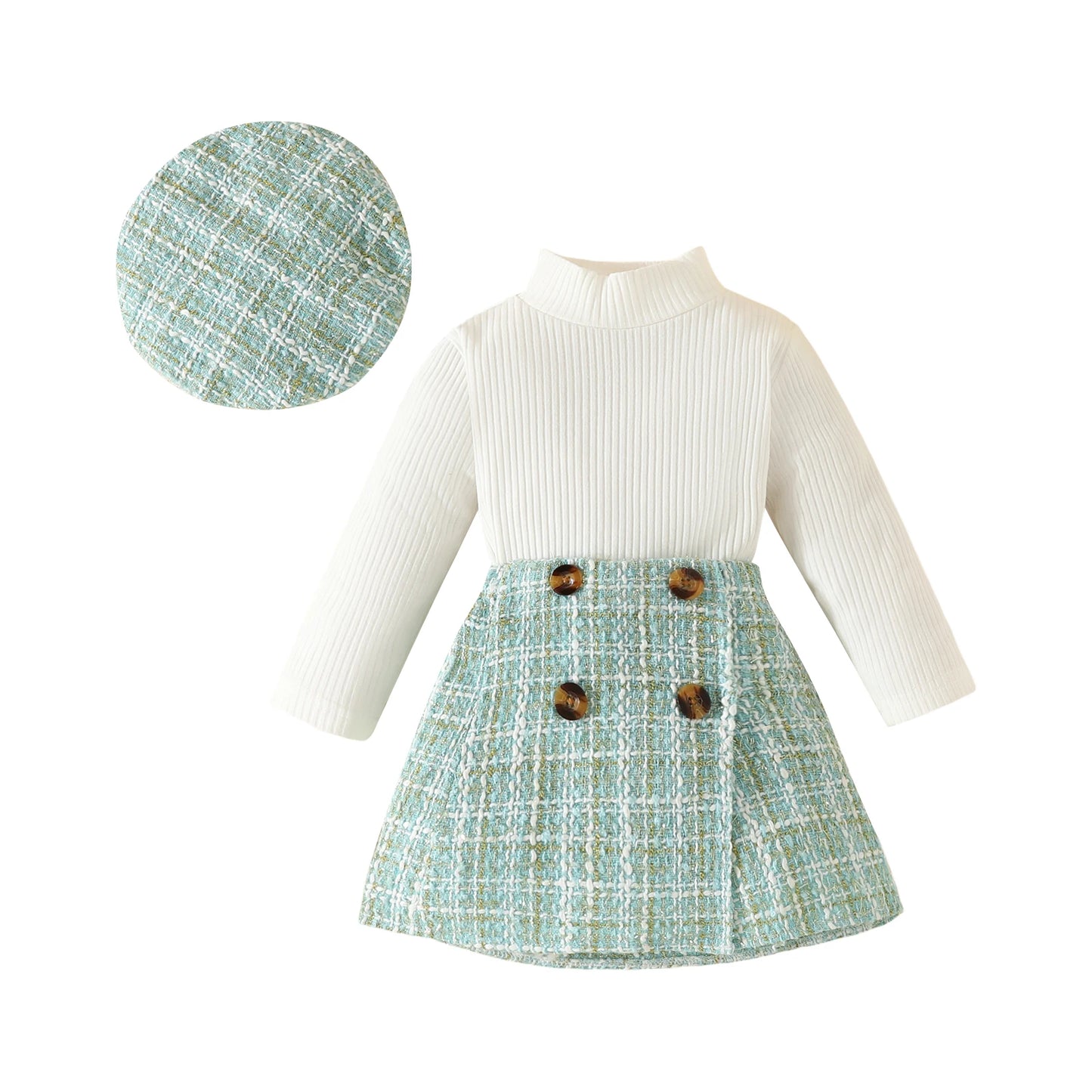 Ensemble bébé fille automne 2 pièces – Haut à manches longues & jupe à carreaux avec béret assorti (6 mois à 3 ans)