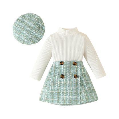Ensemble bébé fille automne 2 pièces – Haut à manches longues & jupe à carreaux avec béret assorti (6 mois à 3 ans)