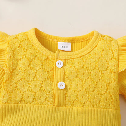 Ensemble Bébé Fille 3 Pièces – Body Manches Longues, Pantalon Fleuri & Bandeau – Printemps & Automne (0–12 mois)