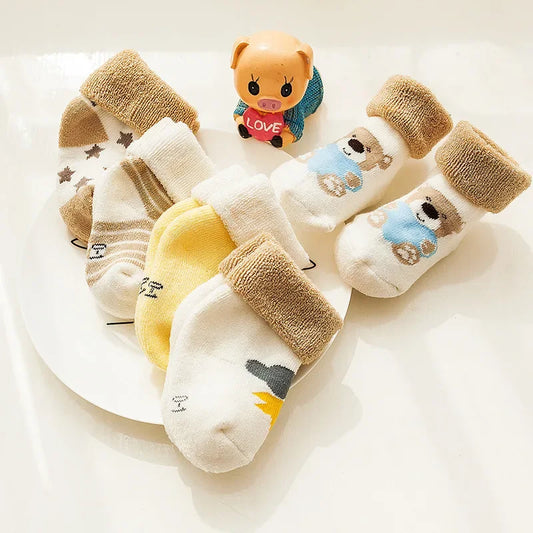 Lot de 5 paires chaussettes bébé – Chaudes & épaisses – Motifs cartoon (automne/hiver)