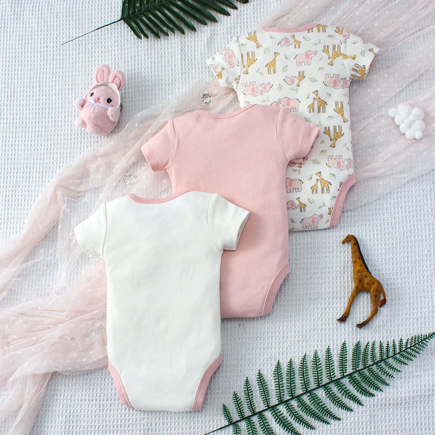 Lot de 3 bodys bébé fille – Motifs animaux & éléphant, coton doux