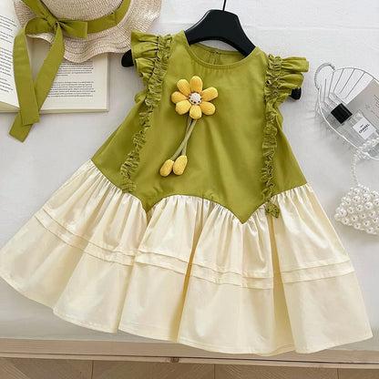 Robe Fille Fleur 3D – Vert & Crème, Style Bohème (4–6 ans)