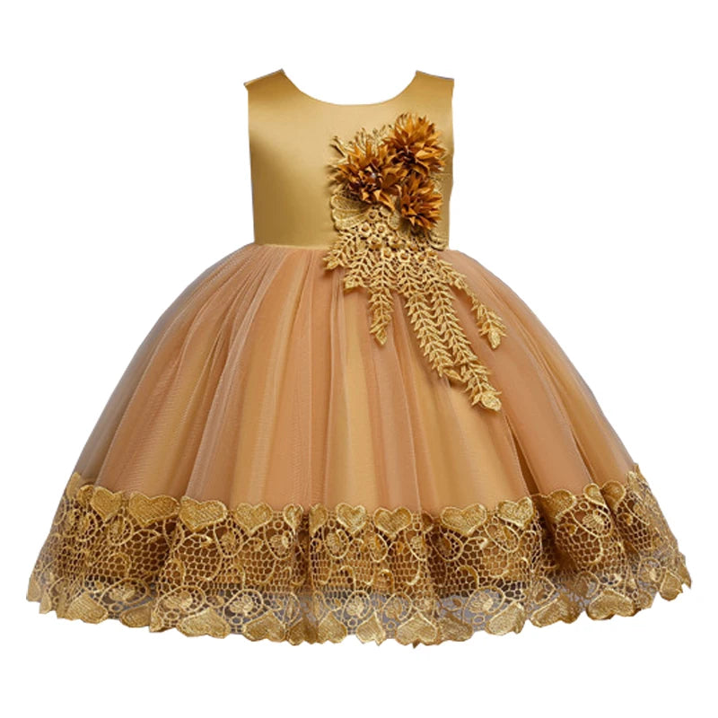Robe de Princesse en Dentelle & Fleurs – Cérémonie Élégante pour Fille