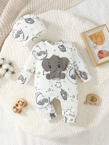 Barboteuse bébé manches longues avec chapeau – Motif éléphant (2 pièces)