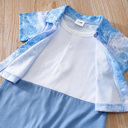 Vêtements pour nouveau-nés, chemise imprimée ondulée, faux deux, confortables, douces, pour garçons et filles, combinaison d'été à manches courtes pour bébé