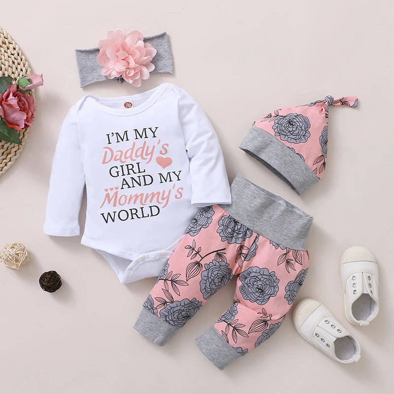 Ensemble Bébé Fille 4 Pièces – Haut à Manches Longues, Pantalon Rose & Bonnet
