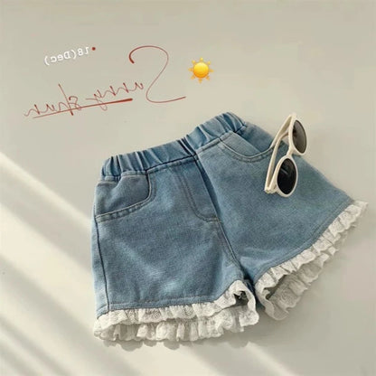 Short en jean coréen léger pour fille – Taille élastique & dentelle – Été