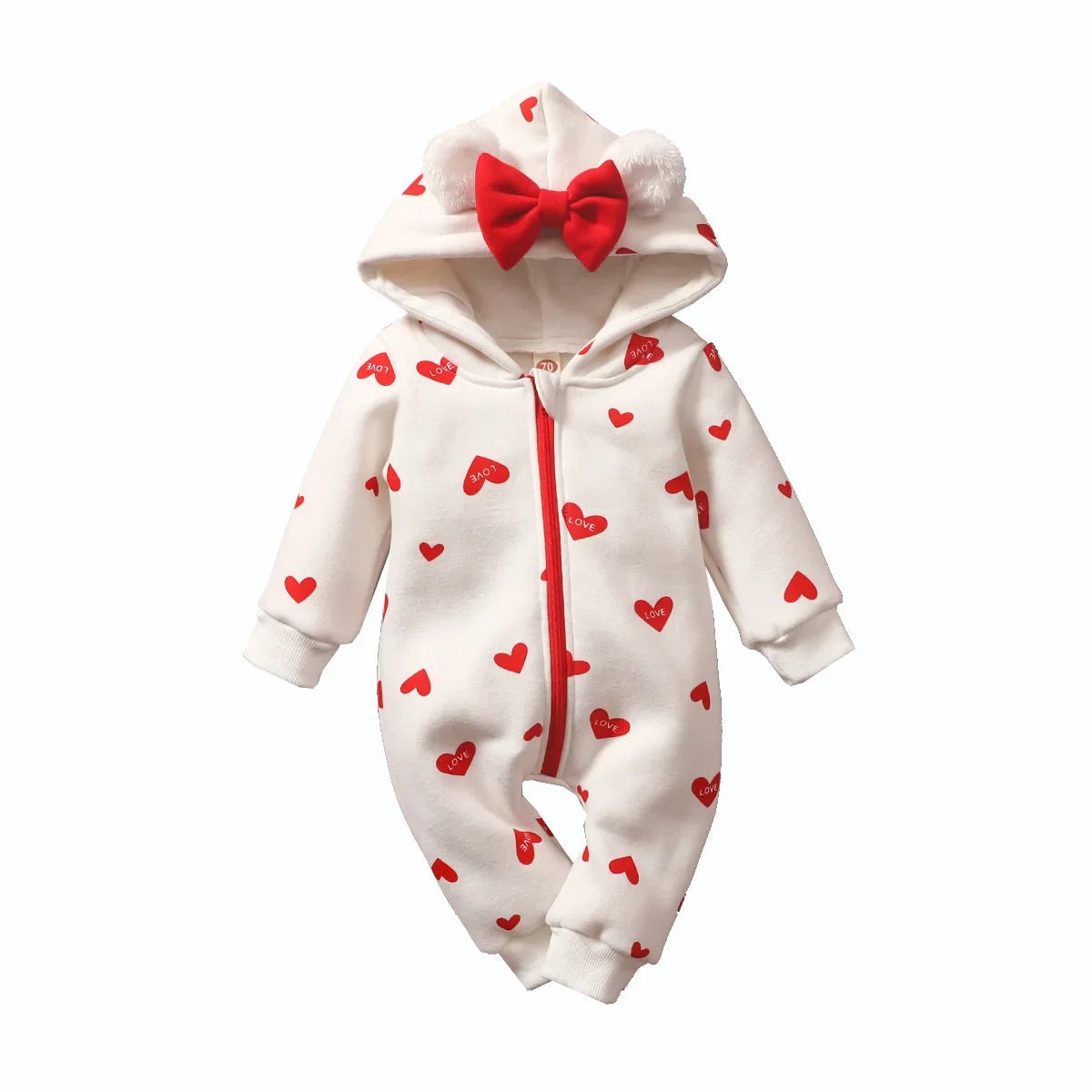 Combinaison Bébé Zippée à Capuche – Motifs Cœurs | 0–12 Mois (Fille/Unisexe)