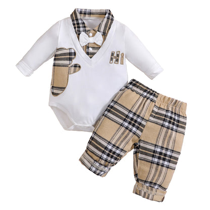 Ensemble bébé 2 pièces élégant – Haut style grenouillère & pantalon à carreaux (0 à 24 mois)