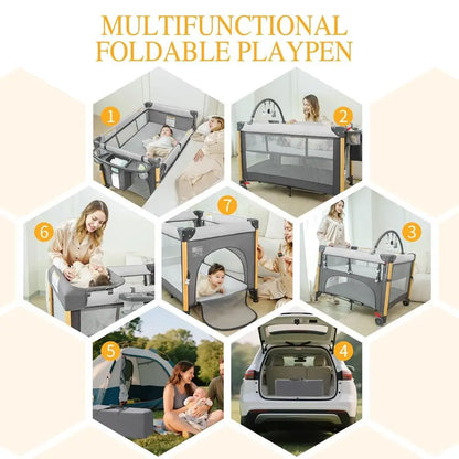 Berceau pliable portable 5-en-1 pour bébé – Installation rapide à une main, avec table à langer et matelas