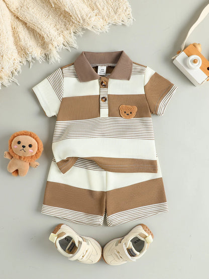 Ensemble deux pièces pour enfants, T-Shirt et Short courts à rayures régulières, ours en peluche, Sport décontracté, nouvelle collection été