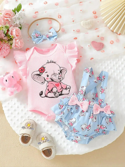 Ensemble Bébé Fille “Éléphant Douceur” – T-shirt Rose + Salopette + Bandeau (3 pcs) | 0–12 mois