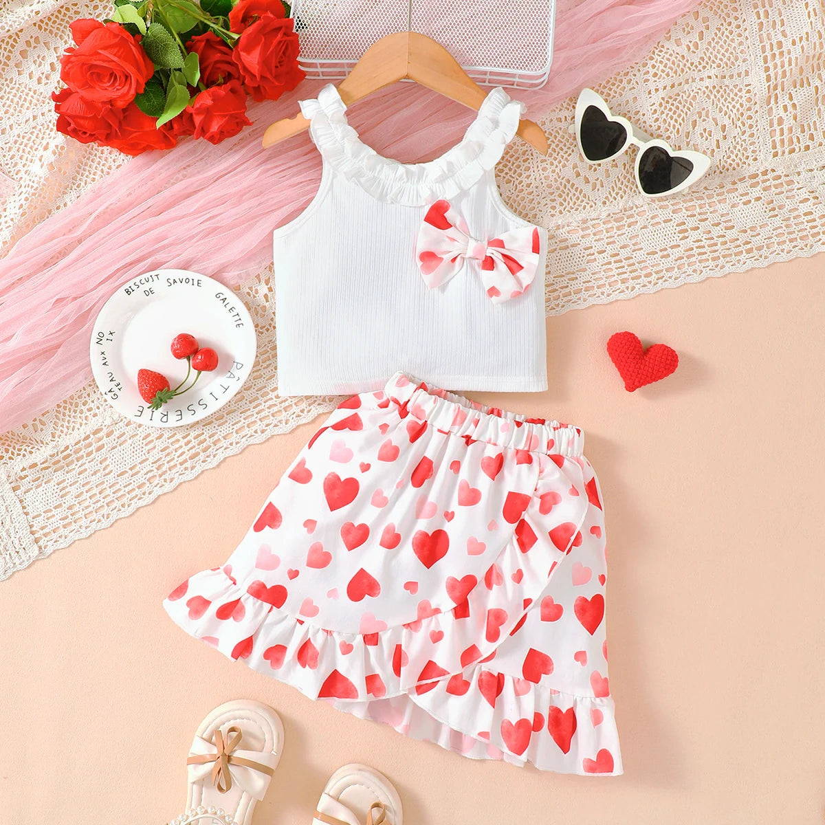 Ensemble Fille “Cœurs” – Haut Blanc & Jupe Imprimée Rouge (4–6 ans)