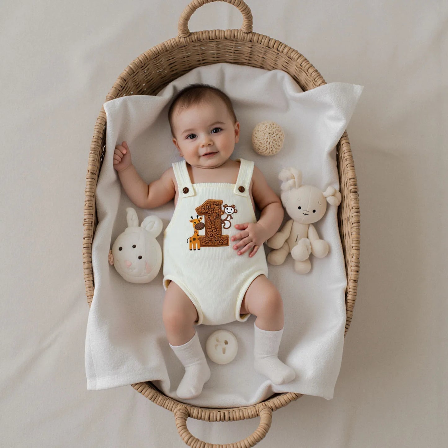 Barboteuse bébé ours “1 an” – Salopette douce unisexe (6–18 mois)