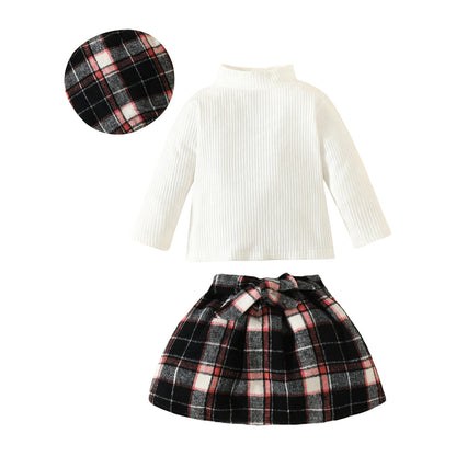 Ensemble bébé fille automne 2 pièces – Haut à manches longues & jupe à carreaux avec béret assorti (6 mois à 3 ans)