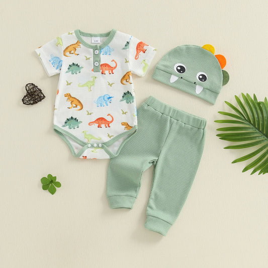 Ensemble bébé garçon été 3 pièces – Barboteuse manches courtes imprimée + pantalon uni + bonnet assorti