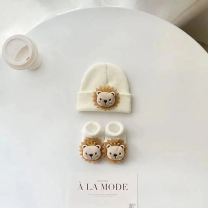 Ensemble bébé 2 pièces – Bonnet + chaussettes motif animal | 0 à 12 mois
