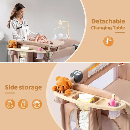 Moussin bébé tout-en-un 5-en-1 avec table à langer, station de jeu, lit à bascule et musique