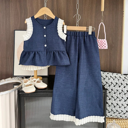 Ensemble Fille 2 Pièces Bleu – Haut Sans Manches & Pantalon Large (4–6 ans)