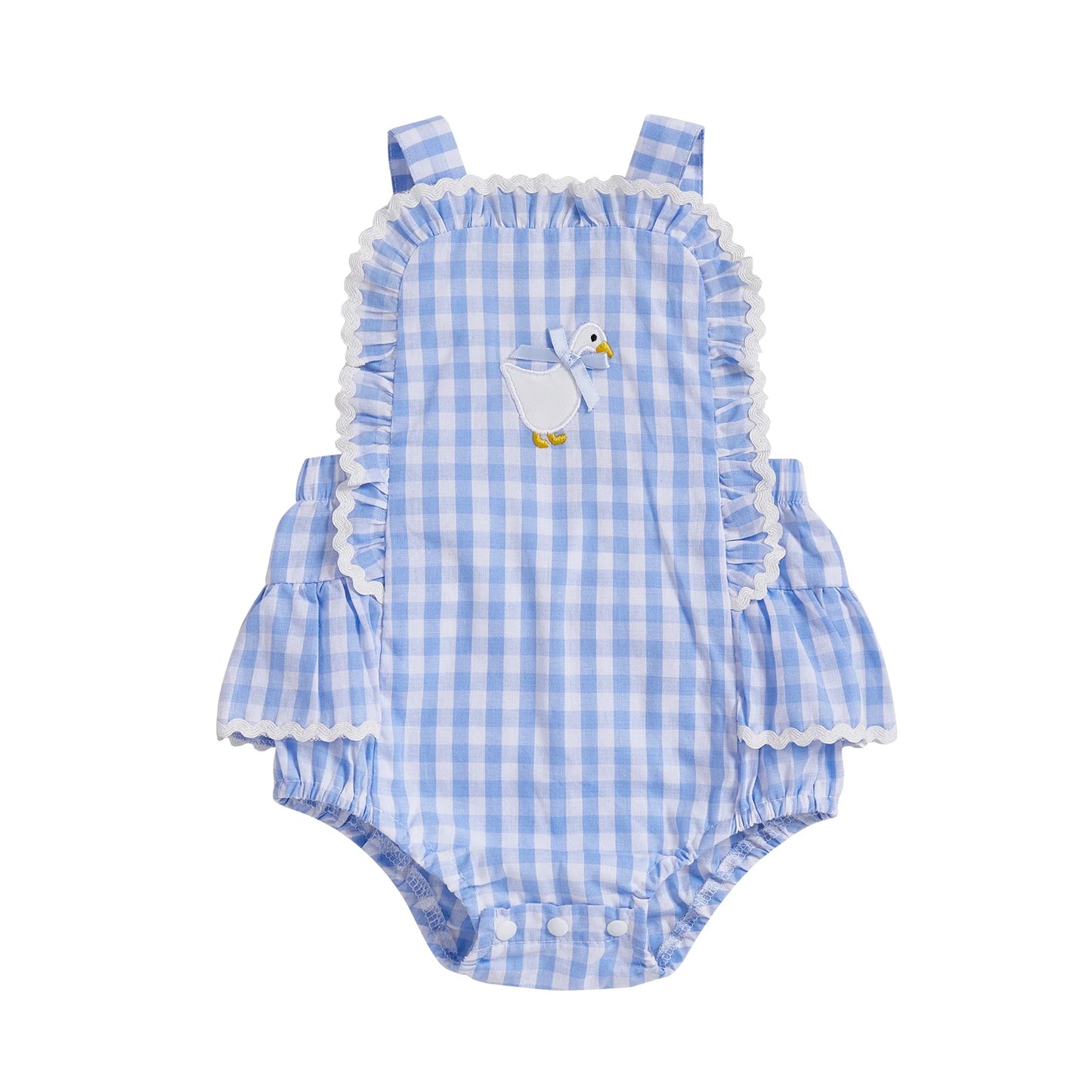 BeQeuewll été bébé fille body salopette douce sans manches Plaid broderie canard barboteuse mignon nœud dos nu nouveau-né vêtements