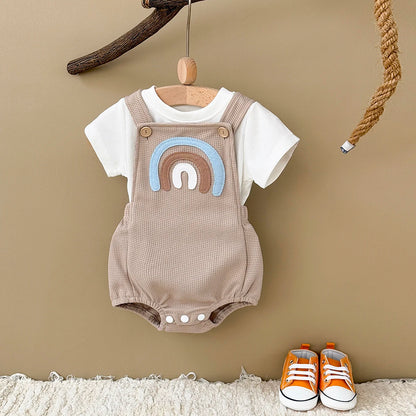 Ensemble bébé été salopette gaufrée arc-en-ciel – T-shirt + barboteuse