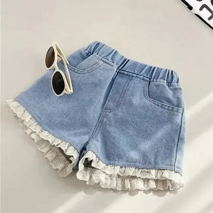 Short en jean coréen léger pour fille – Taille élastique & dentelle – Été