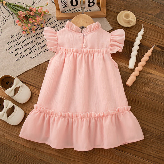 Robe d’été bébé fille rose – Mousseline légère style coréen avec nœud floral