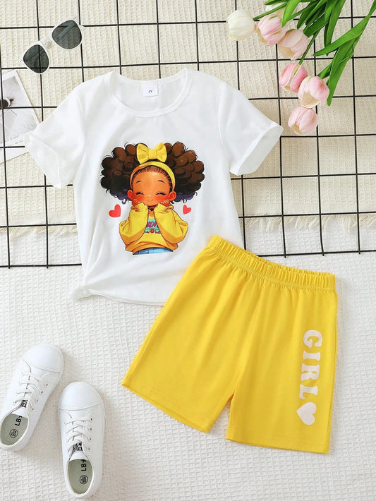 Ensemble Fille Été “GIRL” – T-shirt Blanc Imprimé + Short Jaune (4–6 ans)