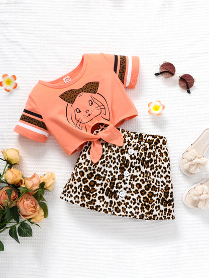 Ensemble Fille 2 Pièces – T-shirt Pêche + Jupe Léopard – Été (1–3 ans)