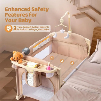 Moussin bébé tout-en-un 5-en-1 avec table à langer, station de jeu, lit à bascule et musique