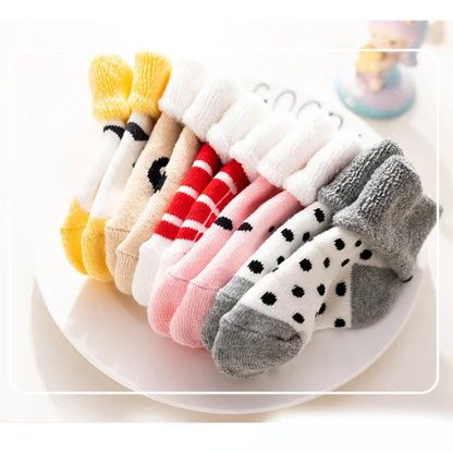 Lot de 5 paires chaussettes bébé – Chaudes & épaisses – Motifs cartoon (automne/hiver)