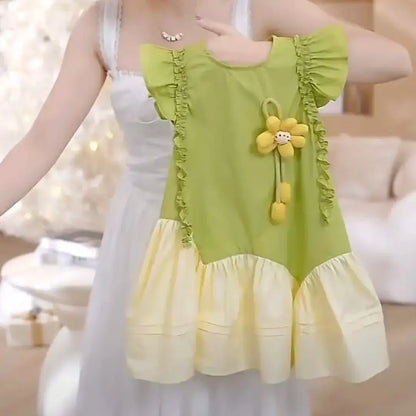 Robe Fille Fleur 3D – Vert & Crème, Style Bohème (4–6 ans)